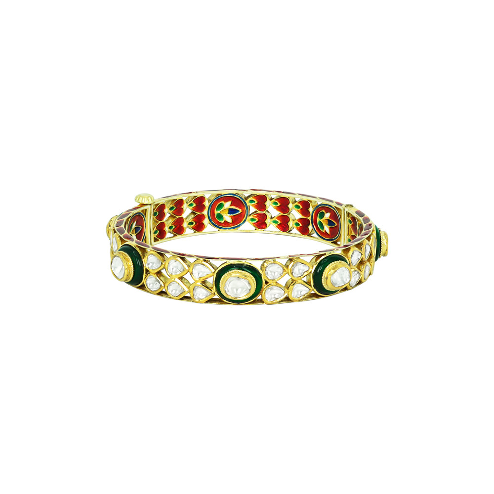 Polki Bangle with Green Borders and Red-Green Enamel Work